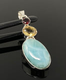 Natural Larimar with Garnet and Citrine Gemstone Pendant, Sterling Silver Jewelry, Larimar Pendant, Citrine Pendant, Bohemian Jewelry