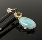 Natural Larimar with Garnet and Citrine Gemstone Pendant, Sterling Silver Jewelry, Larimar Pendant, Citrine Pendant, Bohemian Jewelry