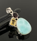 Natural Larimar with Garnet and Citrine Gemstone Pendant, Sterling Silver Jewelry, Larimar Pendant, Citrine Pendant, Bohemian Jewelry