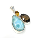 Gemstone Pendant - Larimar, Smokey Quartz and Citrine, Bohemian Jewelry, Larimar Pendant, Sterling Silver Jewelry