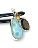 Gemstone Pendant - Larimar, Smokey Quartz and Citrine, Bohemian Jewelry, Larimar Pendant, Sterling Silver Jewelry