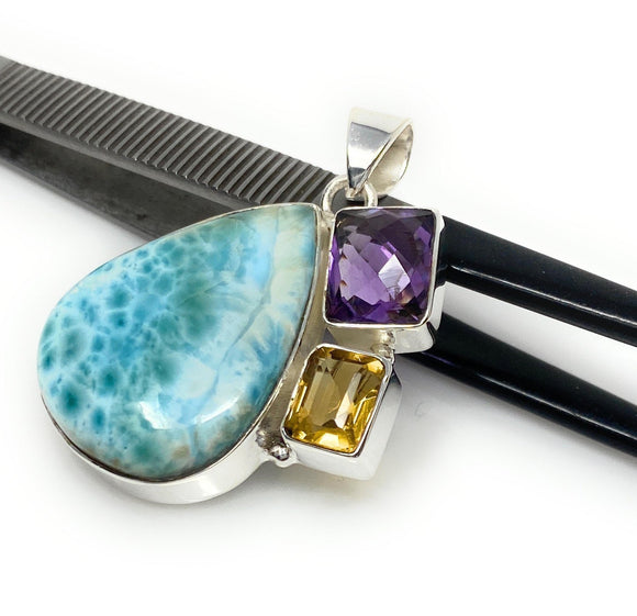Natural Larimar with Amethyst and Citrine Gemstone Pendant, Sterling Silver Jewelry, Larimar Pendant, Amethyst Pendant, Bohemian Jewelry