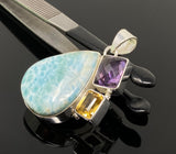 Natural Larimar with Amethyst and Citrine Gemstone Pendant, Sterling Silver Jewelry, Larimar Pendant, Amethyst Pendant, Bohemian Jewelry