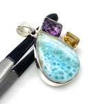 Natural Larimar with Amethyst and Citrine Gemstone Pendant, Sterling Silver Jewelry, Larimar Pendant, Amethyst Pendant, Bohemian Jewelry