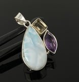 Sterling Silver Larimar Pendant with Golden Rutile and Amethyst, Gemstone Pendant, Bohemian Jewelry