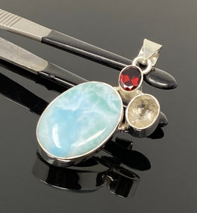 Natural Larimar with Garnet and Citrine Gemstone Pendant, Sterling Silver Jewelry, Larimar Pendant, Citrine Pendant, Bohemian Jewelry