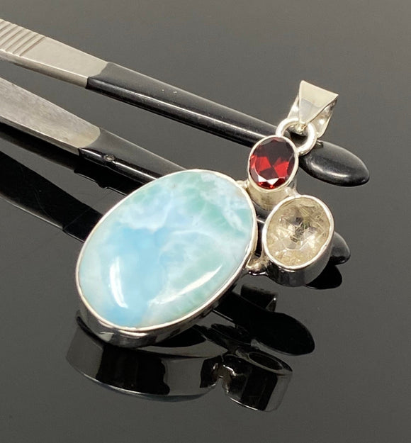 Natural Larimar with Garnet and Citrine Gemstone Pendant, Sterling Silver Jewelry, Larimar Pendant, Citrine Pendant, Bohemian Jewelry