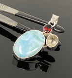 Natural Larimar with Garnet and Citrine Gemstone Pendant, Sterling Silver Jewelry, Larimar Pendant, Citrine Pendant, Bohemian Jewelry