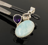 Sterling Silver Larimar Pendant with Golden Rutile and Amethyst, Gemstone Pendant, Bohemian Jewelry