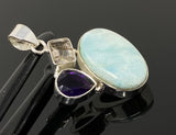 Sterling Silver Larimar Pendant with Golden Rutile and Amethyst, Gemstone Pendant, Bohemian Jewelry