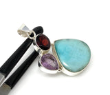 Natural Larimar, Garnet and Amethyst Gemstone Pendant, Sterling Silver Jewelry, Larimar Pendant, Amethyst Pendant, Bohemian Jewelry