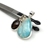 Gemstone Pendant - Larimar, Smokey Quartz and Golden Rutile , Bohemian Jewelry, Larimar Pendant, Sterling Silver Jewelry