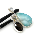 Gemstone Pendant - Larimar, Smokey Quartz and Golden Rutile , Bohemian Jewelry, Larimar Pendant, Sterling Silver Jewelry