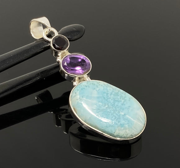 Natural Larimar, Garnet and Amethyst Gemstone Pendant, Sterling Silver Jewelry, Larimar Pendant, Amethyst Pendant, Bohemian Jewelry