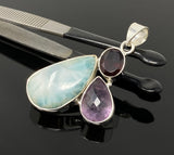 Natural Larimar with Amethyst and Garnet Gemstone Pendant, Sterling Silver Jewelry, Larimar Pendant, Amethyst Pendant, Bohemian Jewelry