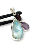 Natural Larimar with Amethyst and Garnet Gemstone Pendant, Sterling Silver Jewelry, Larimar Pendant, Amethyst Pendant, Bohemian Jewelry