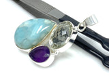 Natural Gemstone Pendant - Larimar, Amethyst and Prasiolite, Sterling Silver Jewelry, Bohemian Jewelry