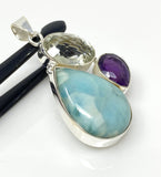 Natural Gemstone Pendant - Larimar, Amethyst and Prasiolite, Sterling Silver Jewelry, Bohemian Jewelry