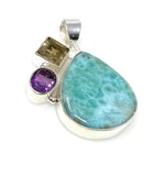 Sterling Silver Larimar Pendant with Golden Rutile and Amethyst, Gemstone Pendant, Bohemian Jewelry