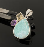 Sterling Silver Larimar Pendant with Golden Rutile and Amethyst, Gemstone Pendant, Bohemian Jewelry