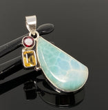 Natural Larimar with Garnet and Citrine Gemstone Pendant, Sterling Silver Jewelry, Larimar Pendant, Citrine Pendant, Bohemian Jewelry