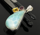Natural Larimar with Garnet and Citrine Gemstone Pendant, Sterling Silver Jewelry, Larimar Pendant, Citrine Pendant, Bohemian Jewelry