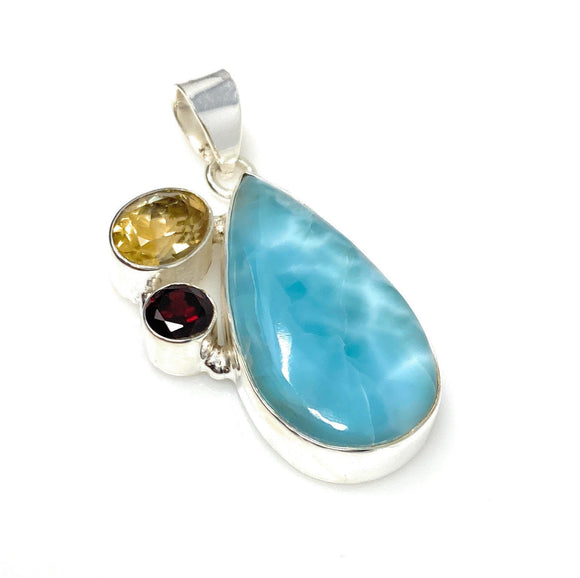 Natural Larimar with Garnet and Citrine Gemstone Pendant, Sterling Silver Jewelry, Larimar Pendant, Citrine Pendant, Bohemian Jewelry