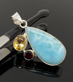 Natural Larimar with Garnet and Citrine Gemstone Pendant, Sterling Silver Jewelry, Larimar Pendant, Citrine Pendant, Bohemian Jewelry