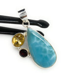 Natural Larimar with Garnet and Citrine Gemstone Pendant, Sterling Silver Jewelry, Larimar Pendant, Citrine Pendant, Bohemian Jewelry