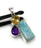 Natural Larimar with Amethyst and Citrine Gemstone Pendant, Sterling Silver Jewelry, Larimar Pendant, Amethyst Pendant, Bohemian Jewelry