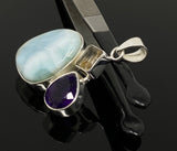 Sterling Silver Larimar Pendant with Golden Rutile and Amethyst, Gemstone Pendant, Bohemian Jewelry