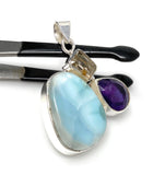 Sterling Silver Larimar Pendant with Golden Rutile and Amethyst, Gemstone Pendant, Bohemian Jewelry