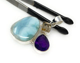 Sterling Silver Larimar Pendant with Golden Rutile and Amethyst, Gemstone Pendant, Bohemian Jewelry