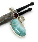 Natural Larimar with Garnet and Yellow Rutile Gemstone Pendant, Sterling Silver Jewelry, Larimar Pendant, Bohemian Jewelry