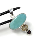 Natural Larimar with Garnet and Yellow Rutile Gemstone Pendant, Sterling Silver Jewelry, Larimar Pendant, Bohemian Jewelry