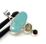 Natural Larimar with Garnet and Yellow Rutile Gemstone Pendant, Sterling Silver Jewelry, Larimar Pendant, Bohemian Jewelry