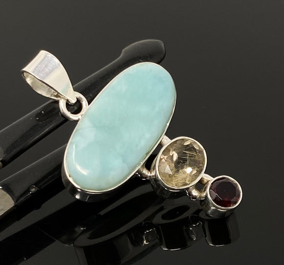 Natural Larimar with Garnet and Yellow Rutile Gemstone Pendant, Sterling Silver Jewelry, Larimar Pendant, Bohemian Jewelry
