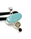Natural Larimar with Garnet and Yellow Rutile Gemstone Pendant, Sterling Silver Jewelry, Larimar Pendant, Bohemian Jewelry