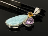 Natural Larimar with Amethyst and Citrine Gemstone Pendant, Sterling Silver Jewelry, Larimar Pendant, Amethyst Pendant, Bohemian Jewelry