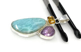 Natural Larimar with Amethyst and Citrine Gemstone Pendant, Sterling Silver Jewelry, Larimar Pendant, Amethyst Pendant, Bohemian Jewelry