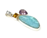 Natural Larimar with Amethyst and Citrine Gemstone Pendant, Sterling Silver Jewelry, Larimar Pendant, Amethyst Pendant, Bohemian Jewelry