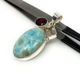 Natural Larimar with Garnet and Golden Rutile Gemstone Pendant, Sterling Silver Jewelry, Larimar Pendant, Bohemian Jewelry