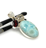 Natural Larimar with Garnet and Golden Rutile Gemstone Pendant, Sterling Silver Jewelry, Larimar Pendant, Bohemian Jewelry