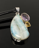 Natural Larimar with Amethyst and Citrine Gemstone Pendant, Sterling Silver Jewelry, Larimar Pendant, Amethyst Pendant, Bohemian Jewelry