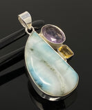 Natural Larimar with Amethyst and Citrine Gemstone Pendant, Sterling Silver Jewelry, Larimar Pendant, Amethyst Pendant, Bohemian Jewelry