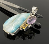 Natural Larimar with Amethyst and Citrine Gemstone Pendant, Sterling Silver Jewelry, Larimar Pendant, Amethyst Pendant, Bohemian Jewelry