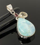 Natural Larimar with Garnet and Yellow Rutile Gemstone Pendant, Sterling Silver Jewelry, Larimar Pendant, Bohemian Jewelry