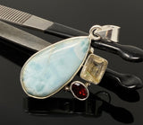 Natural Larimar with Garnet and Golden Rutile Gemstone Pendant, Sterling Silver Jewelry, Larimar Pendant, Bohemian Jewelry