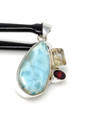 Natural Larimar with Garnet and Golden Rutile Gemstone Pendant, Sterling Silver Jewelry, Larimar Pendant, Bohemian Jewelry