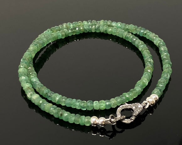 17.25” Genuine Zambian Emerald Necklace with Pave Diamond Clasp, Natural Emerald Necklace , 4mm AAA Grade